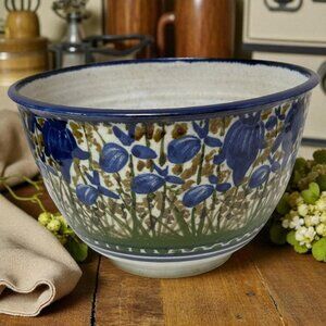 CARRIS Pottery Large Bowl Blue Irises 20th Century Ceramics Handpainted Tennesse